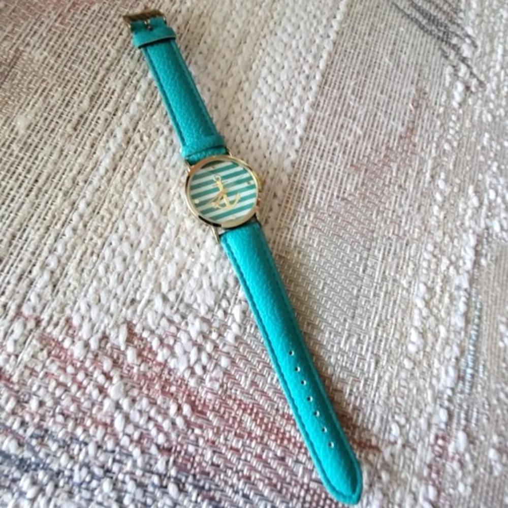 GENEVA Genuine Leather Turquoise Women's Watch Stripes Anchor Nautical Theme